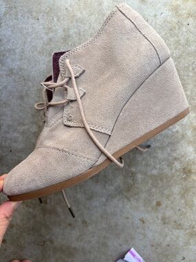 Toms Taupe Suede Lace-Up Wedge Booties